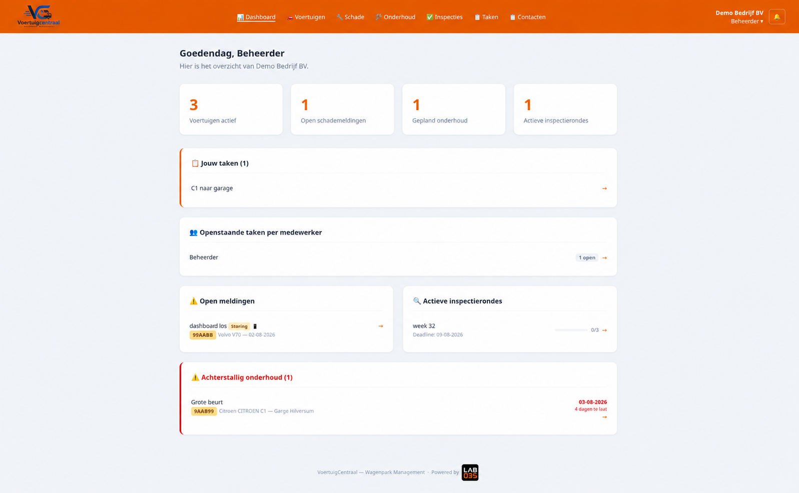Het dashboard van VoertuigCentraal