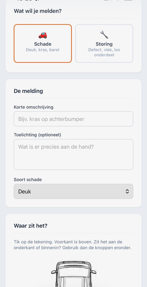 De QR-meldpagina op een telefoon: kies schade of storing en beschrijf wat er aan de hand is
